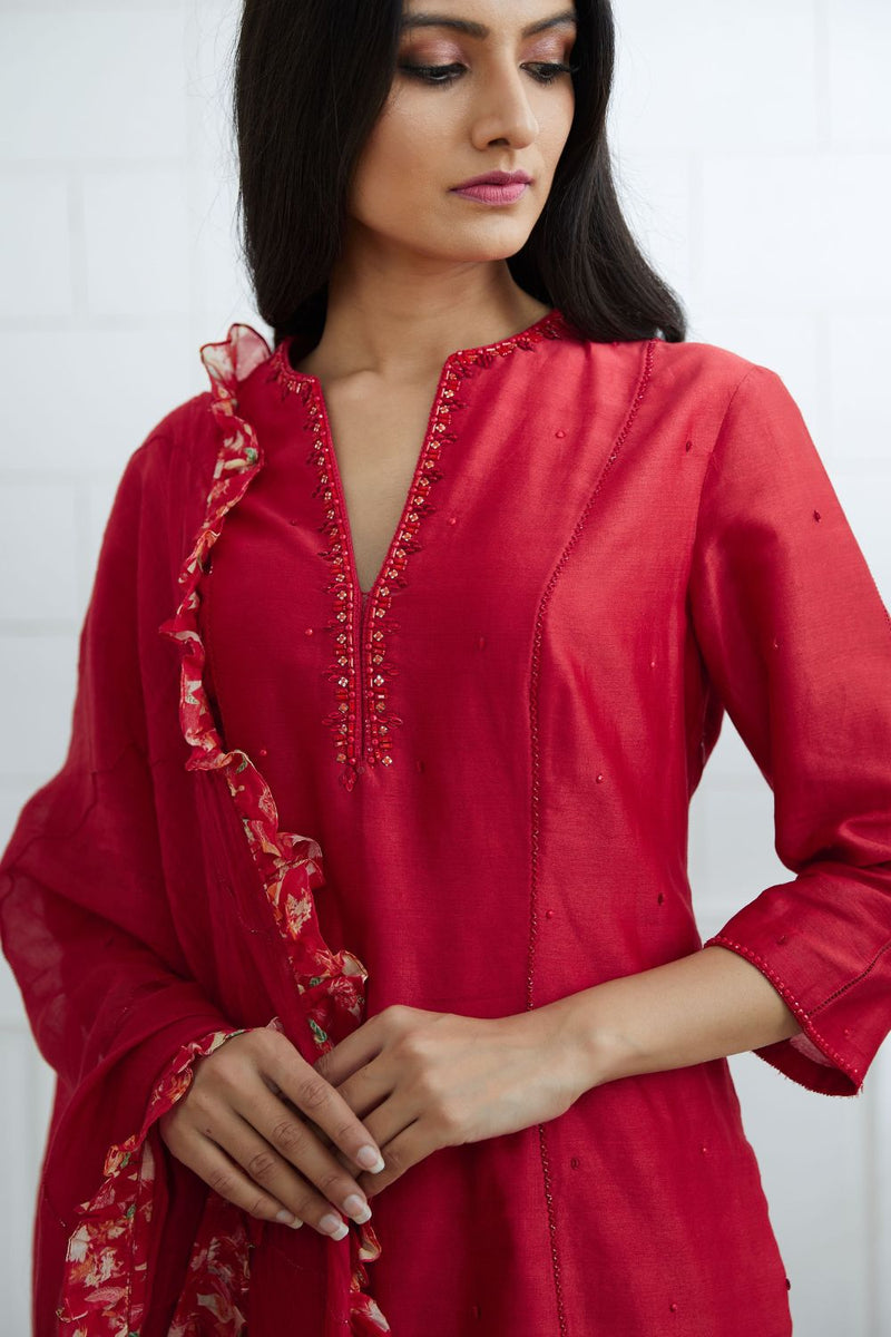 Red Embroidered Kurta And Sharara Set
