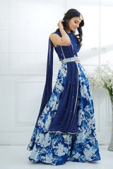 Blue Embroidered Printed Lehenga Set