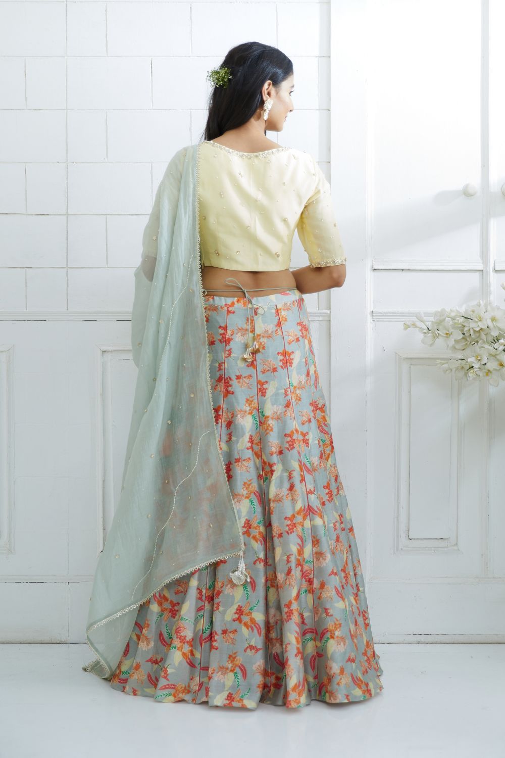 Pale Yellow Embroidered Blouse With Printed Lehenga And Embroidered Dupatta