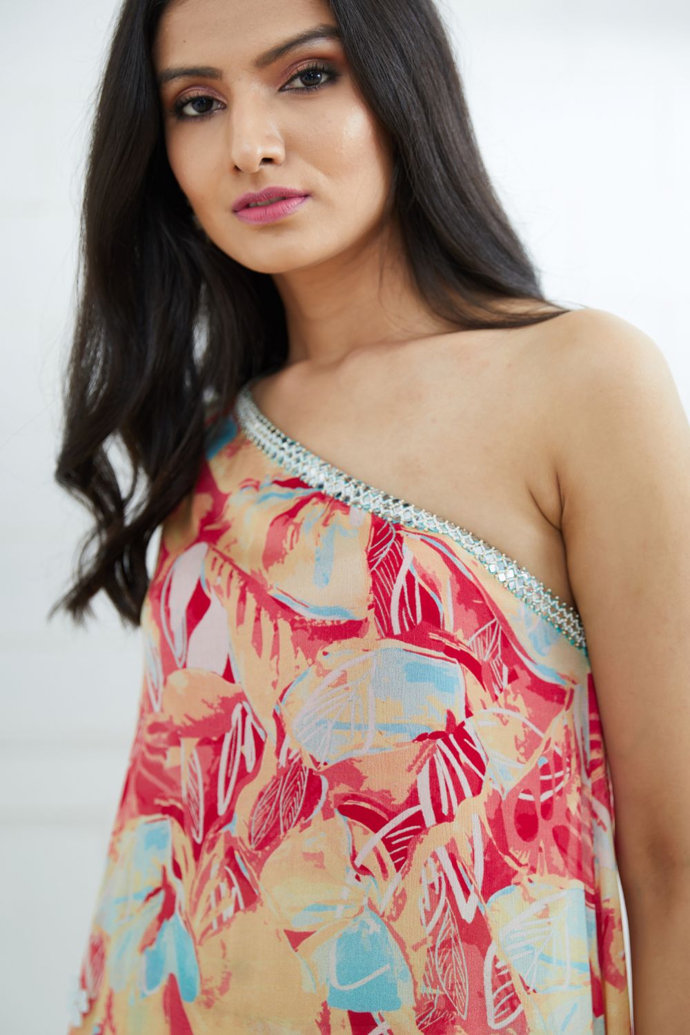 Printed One Shoulder Embroidered Top With Sharara