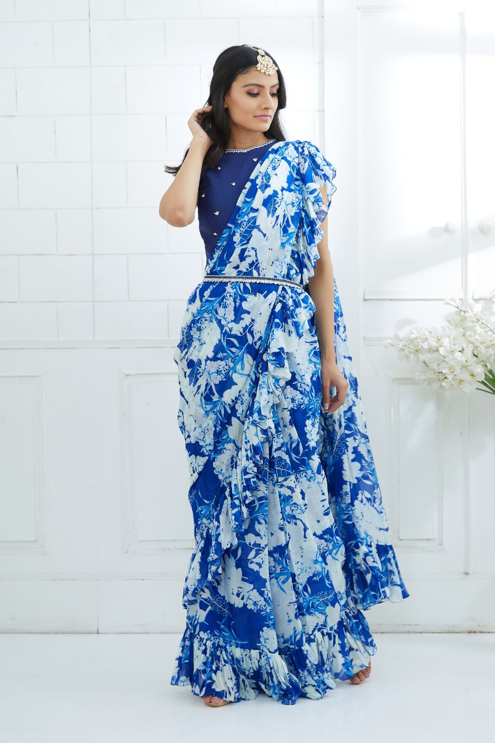 Royal Blue Embroidered Blouse With Printed Ruffle Saree