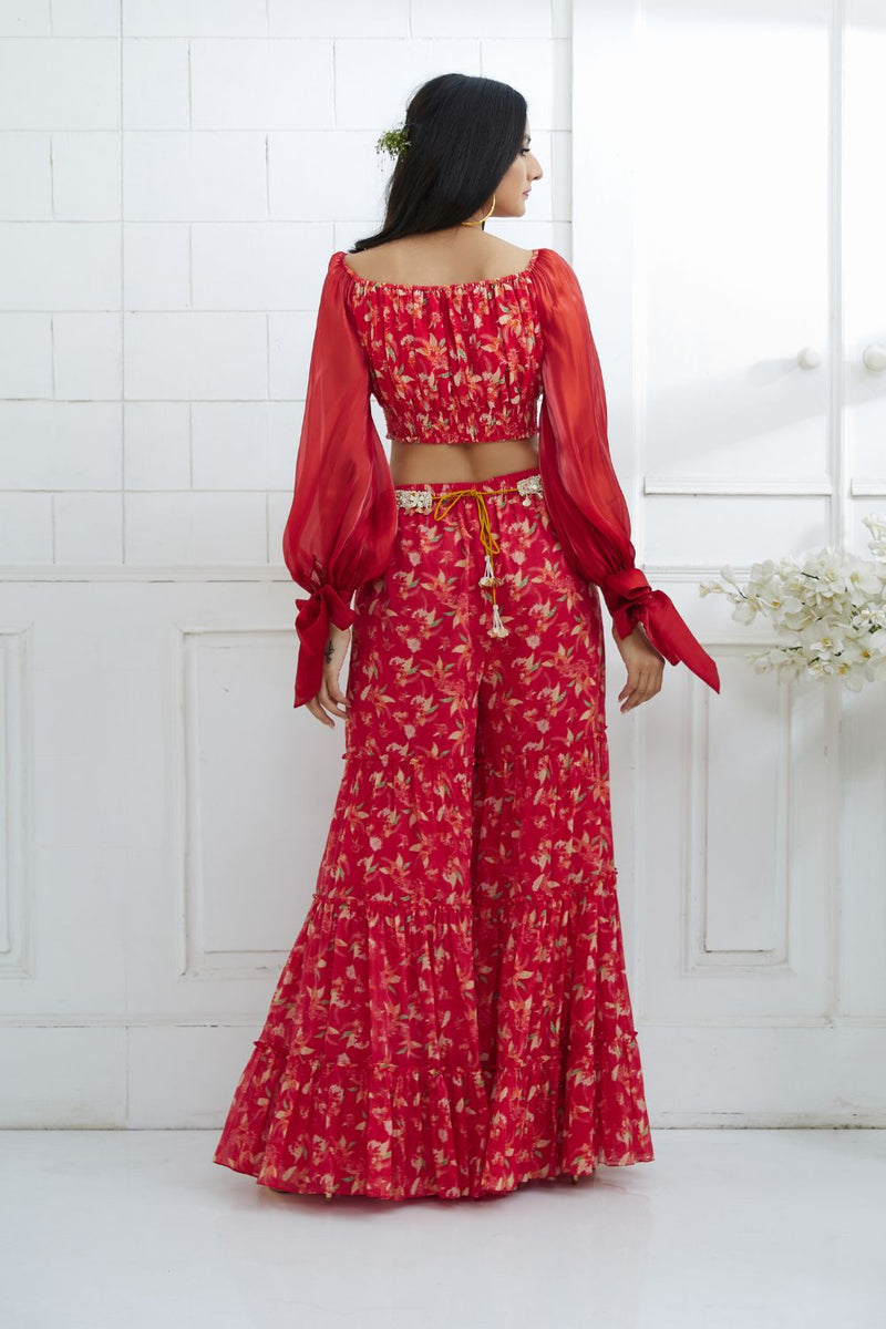 Red Printed Off Shoulder Top and Sharara