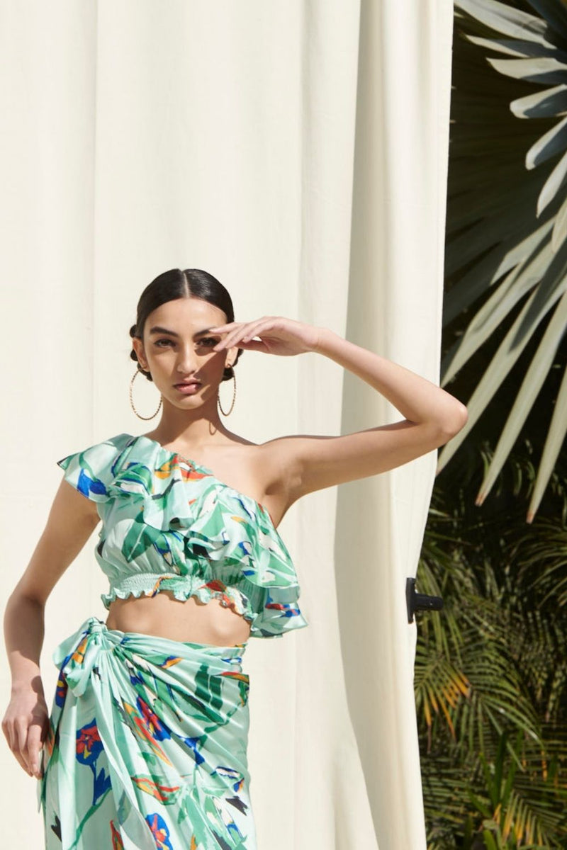 Crop Top Paired With A Printed Wrap Around Skirt