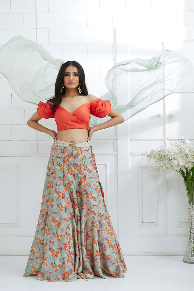 Orange Off Shoulder Printed Lehenga