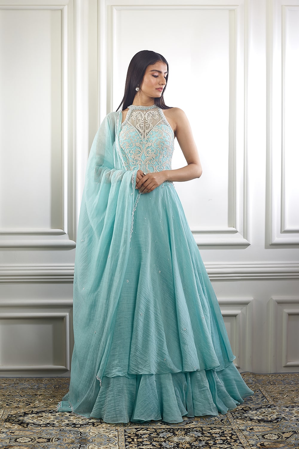 Aqua Anarkali with ivory thread embroidery and pearl embellishments