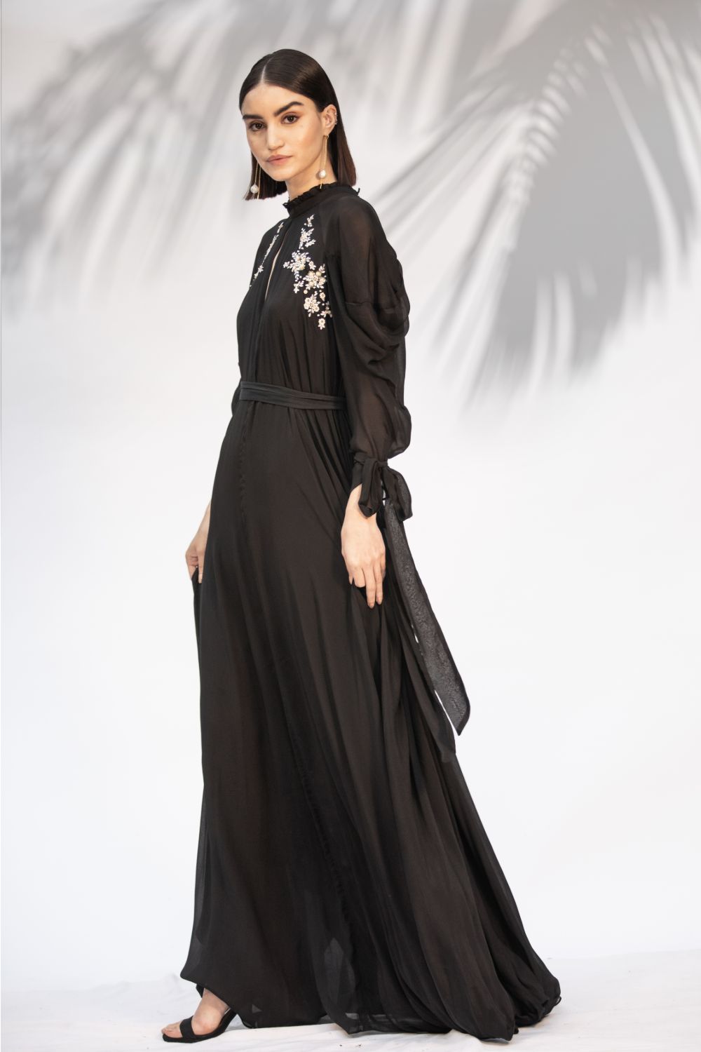 Black Embroidered Cowled Hem Dress With Belt