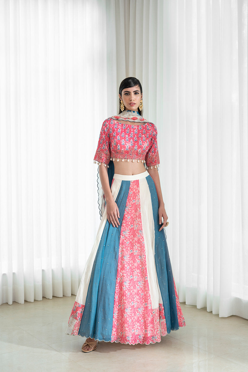 Printed Patchwork Lehnga And Dupatta Paired With Blouse