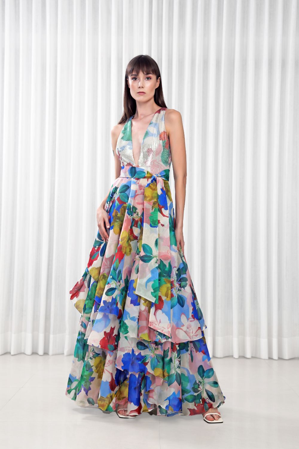 Hibiscus Printed Layered Gown Dress
