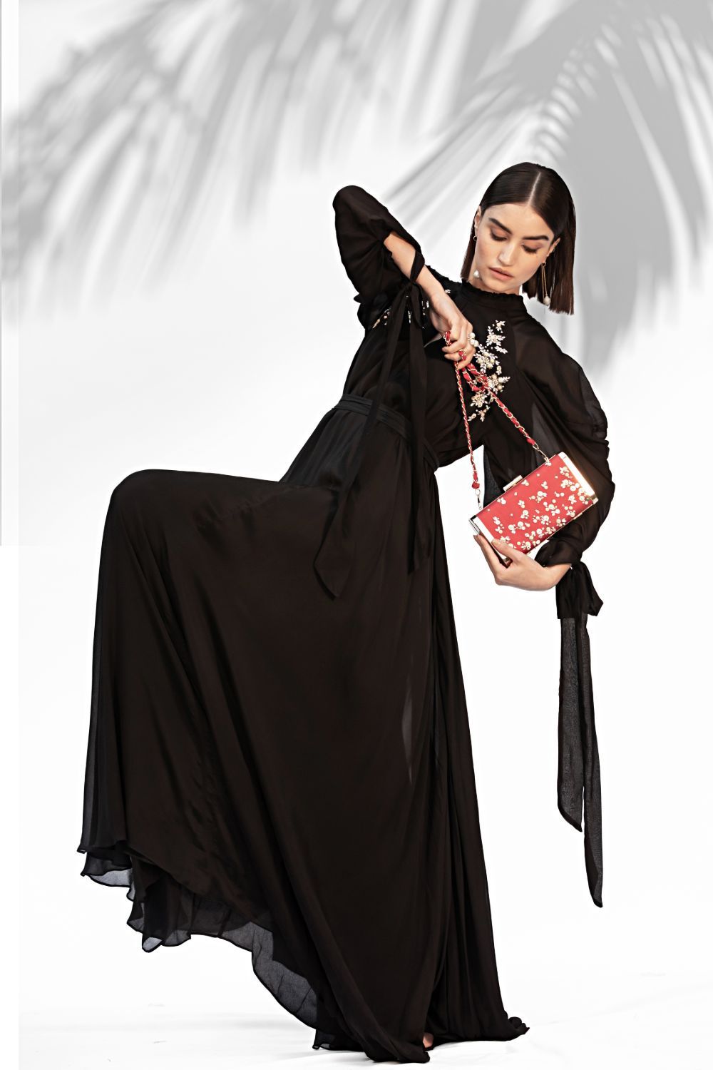 Black Embroidered Cowled Hem Dress With Belt