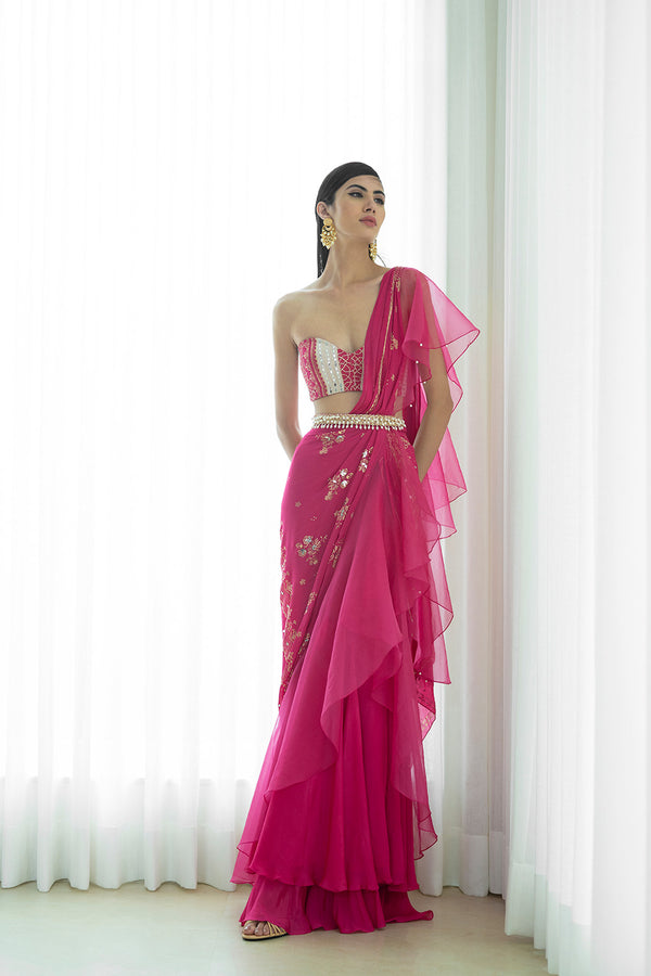 Foil printed draped saree set