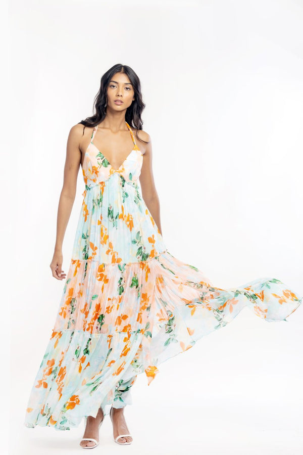 Chiffon Printed  Layered Halter Neck Dress