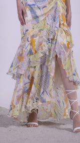 Chiffon Yellow Mutli Printed Tie Shoulder Dress