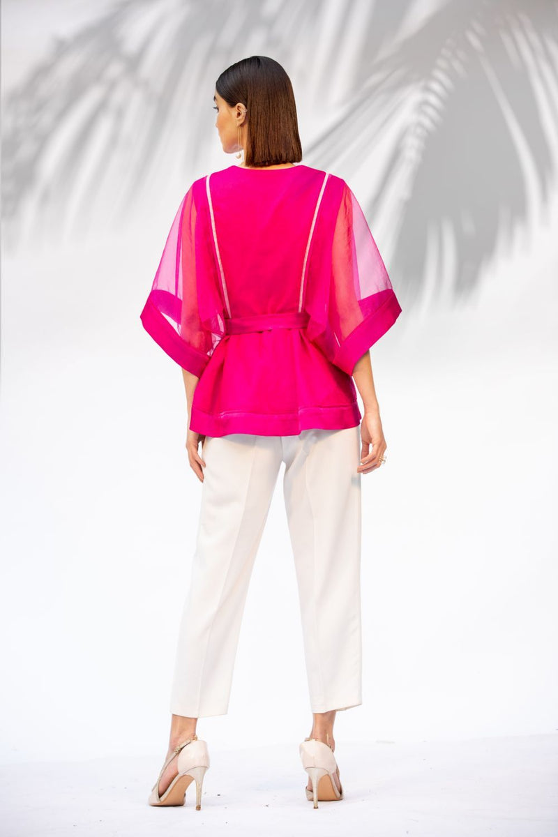 Hot Pink Peplum Top With Ivory Pants Set