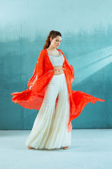 Coral Chiffon Ivory Sharara set
