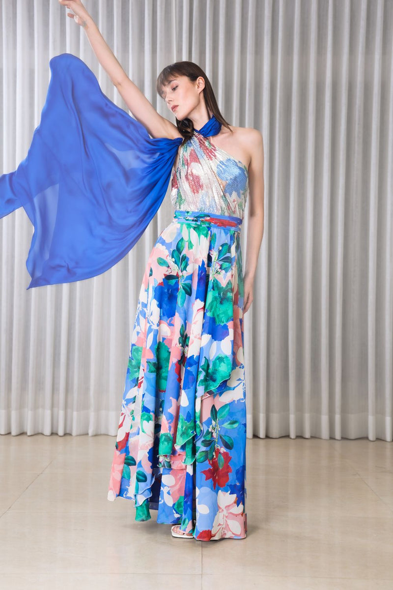 Hibiscus Halter drape maxi dress