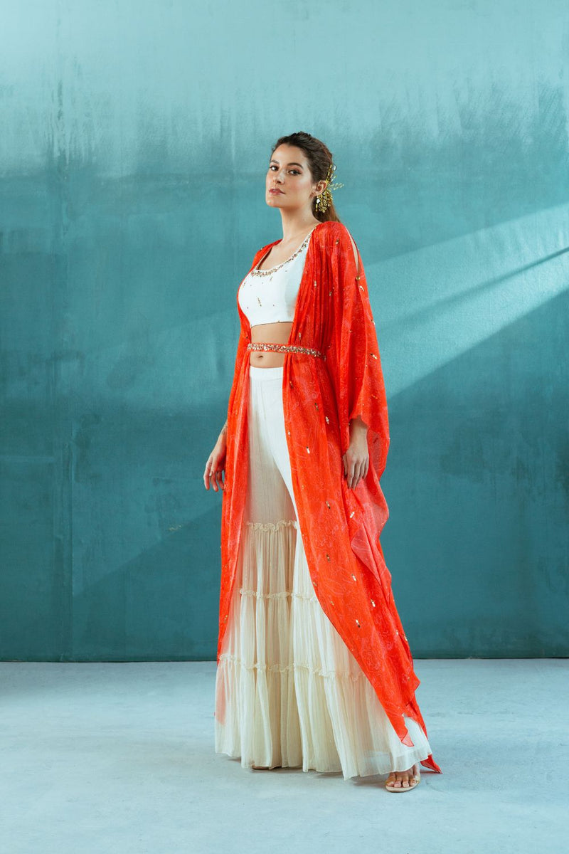 Coral Chiffon Ivory Sharara set