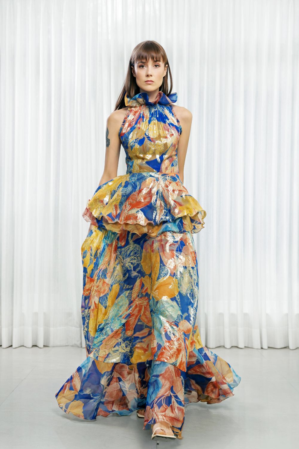 Hawaii Printed Dress with Ruffled Neck