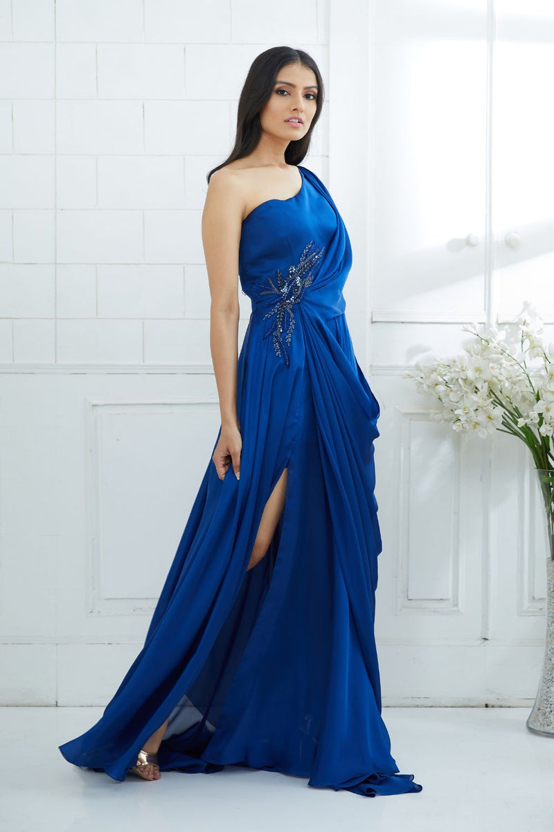 Blue Drape Embellished Gown