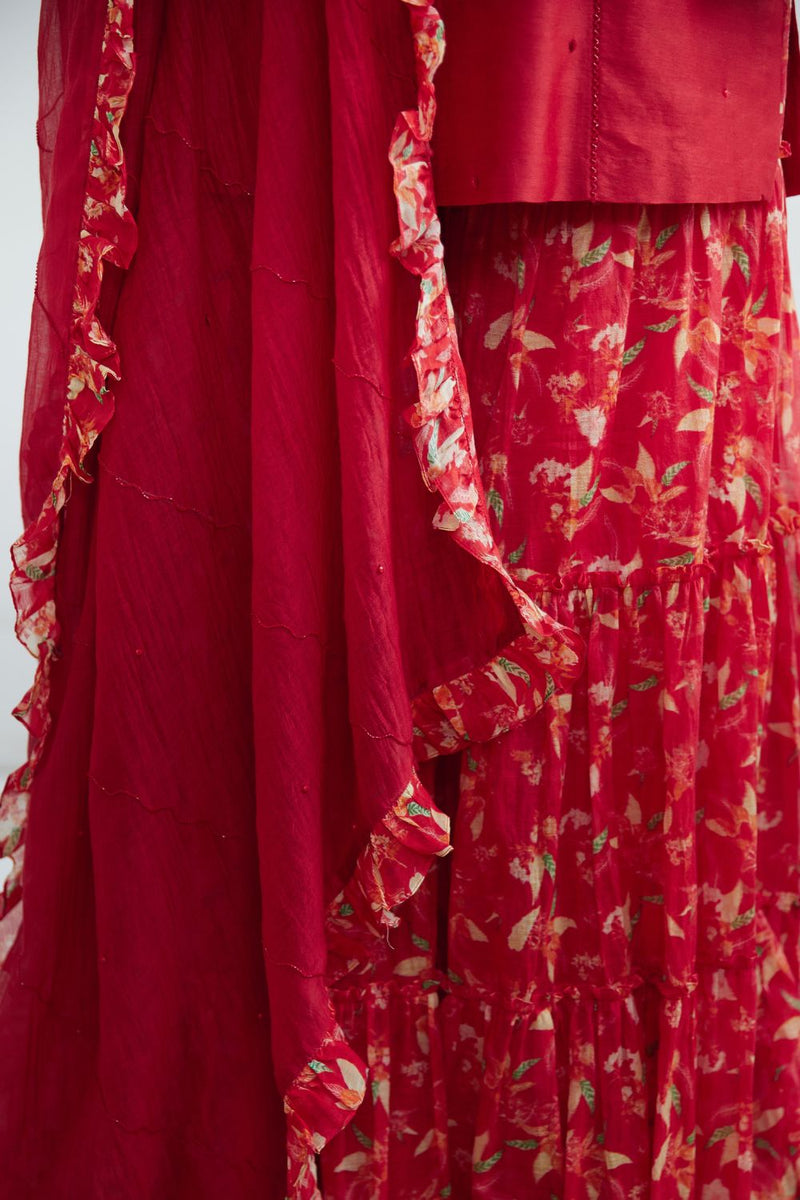 Red Embroidered Kurta And Sharara Set