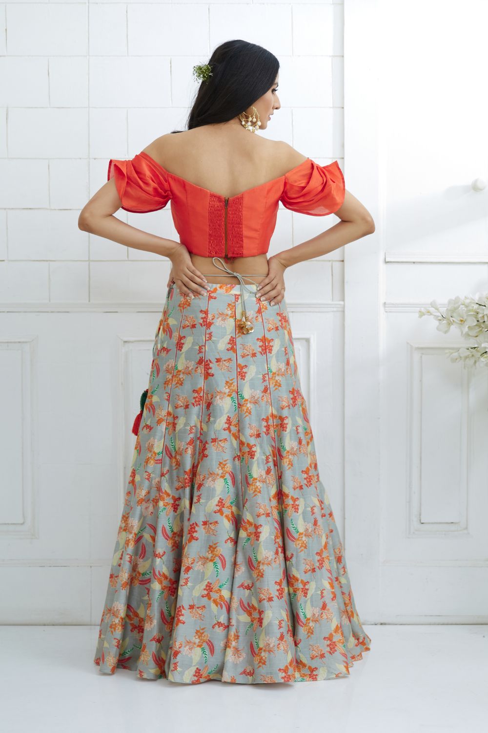 Pink off shoulder blouse with digital print floral lehenga . – Neha Sharma  Label