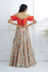 Orange Off Shoulder Printed Lehenga