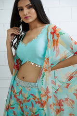 Aqua Embroidered  Printed Sharara Set