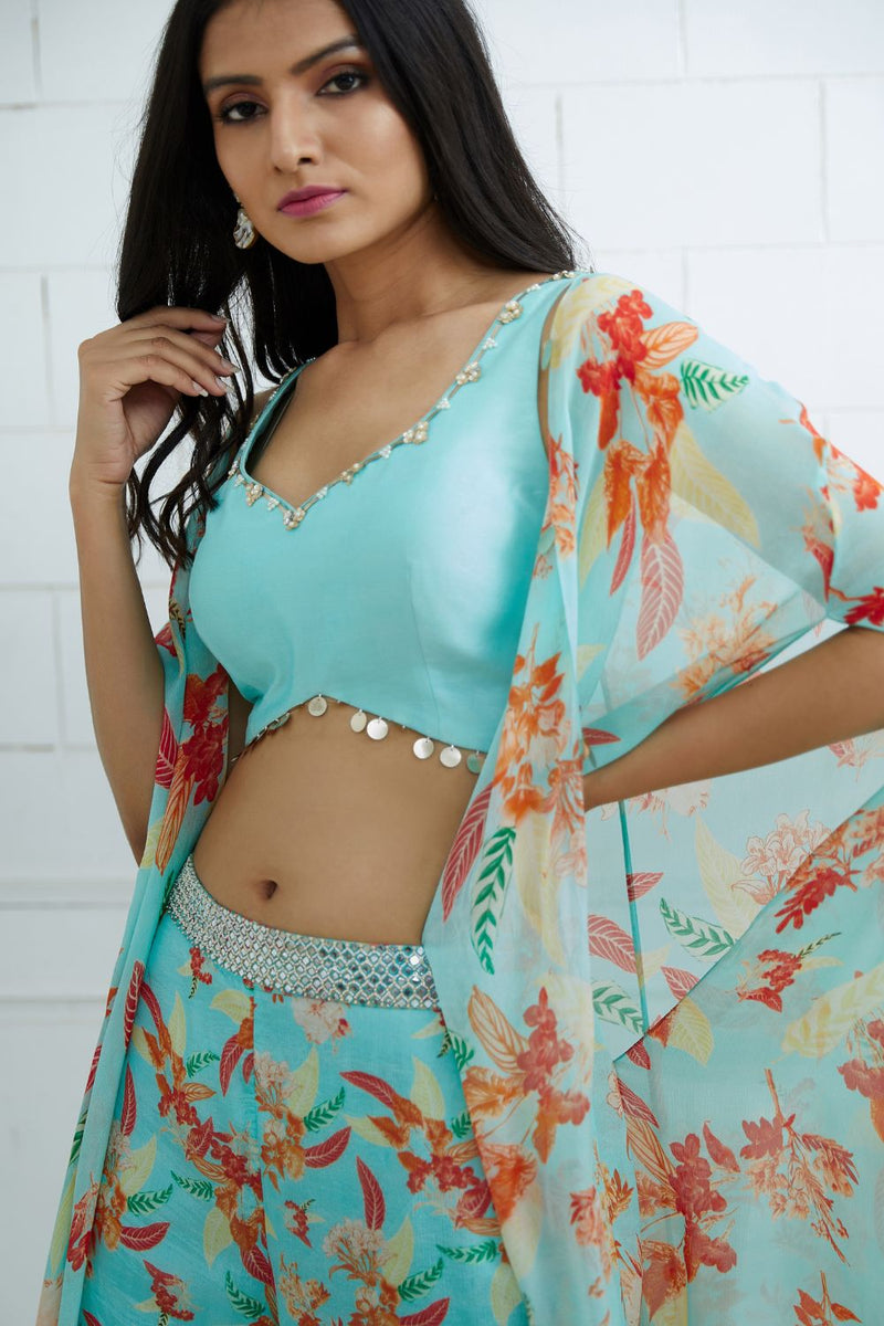 Aqua Embroidered  Printed Sharara Set