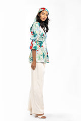 Satin Printed Pleated Top With Ivory Pants
