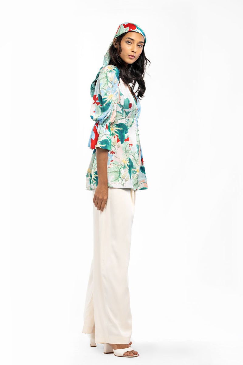 Satin Printed Pleated Top With Ivory Pants