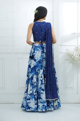 Blue Embroidered Printed Lehenga Set