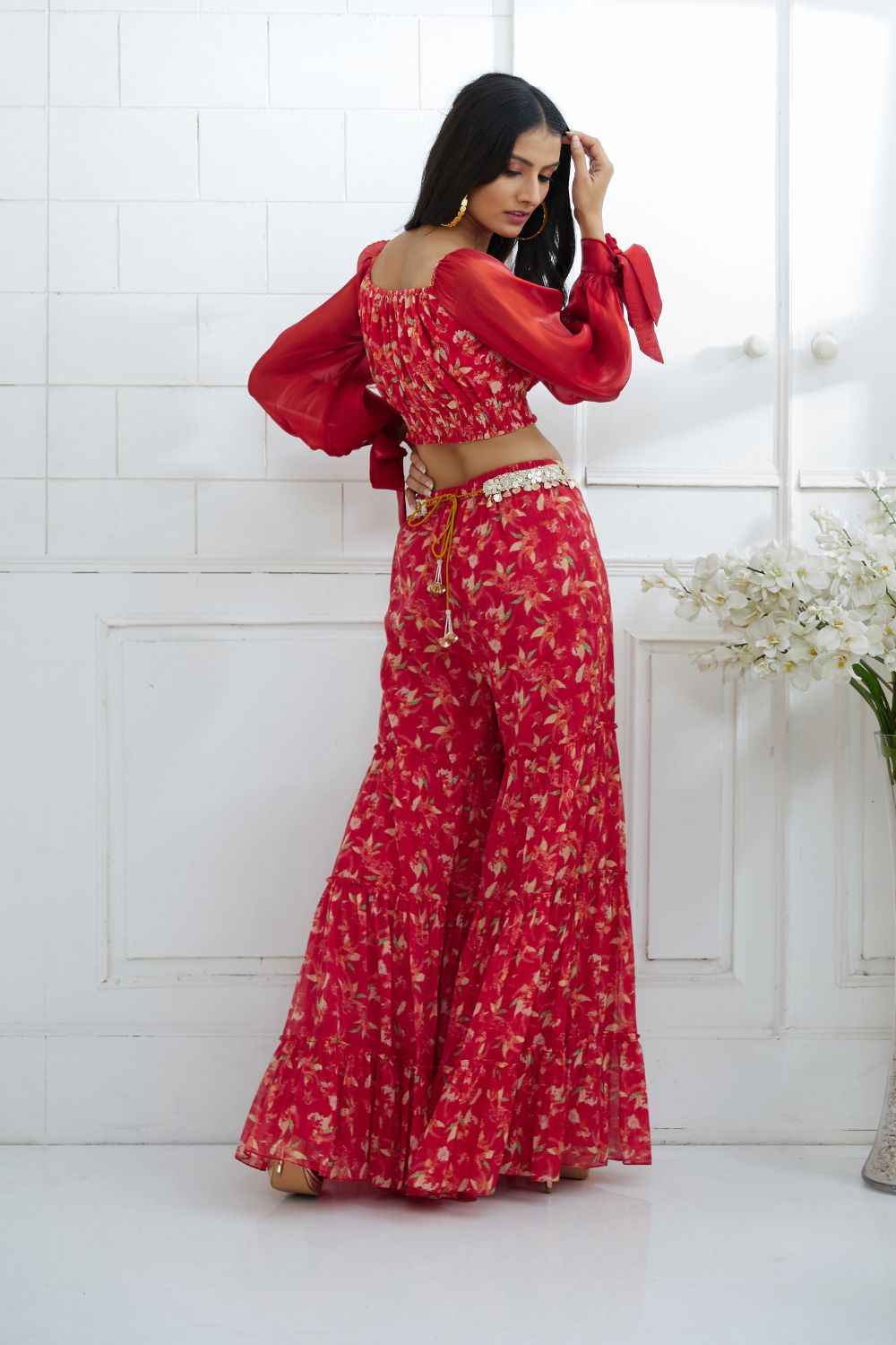 Red Printed Off Shoulder Top With Tiered Sharara