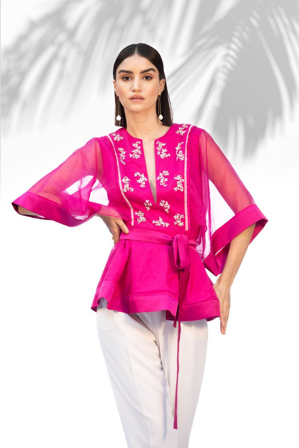 Hot Pink Peplum Top With Ivory Pants Set