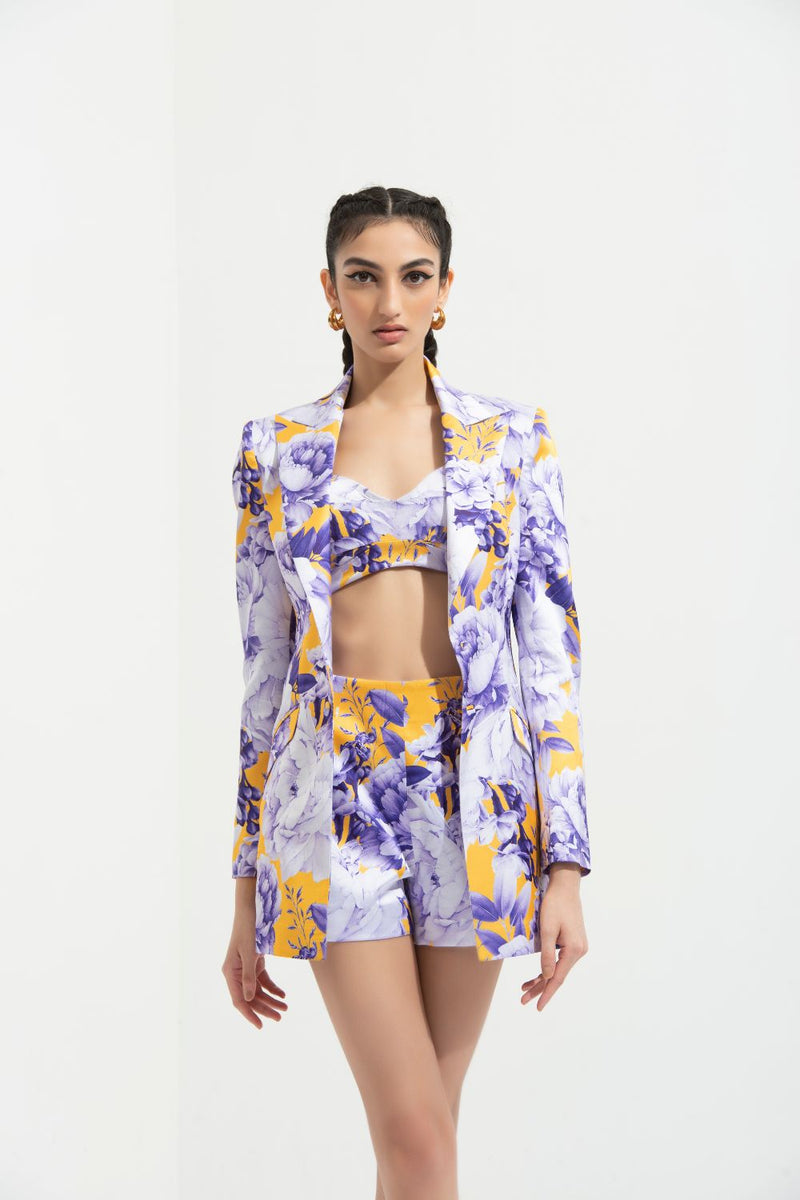Sumire Printed Jacket Paired With Bustier And Shorts