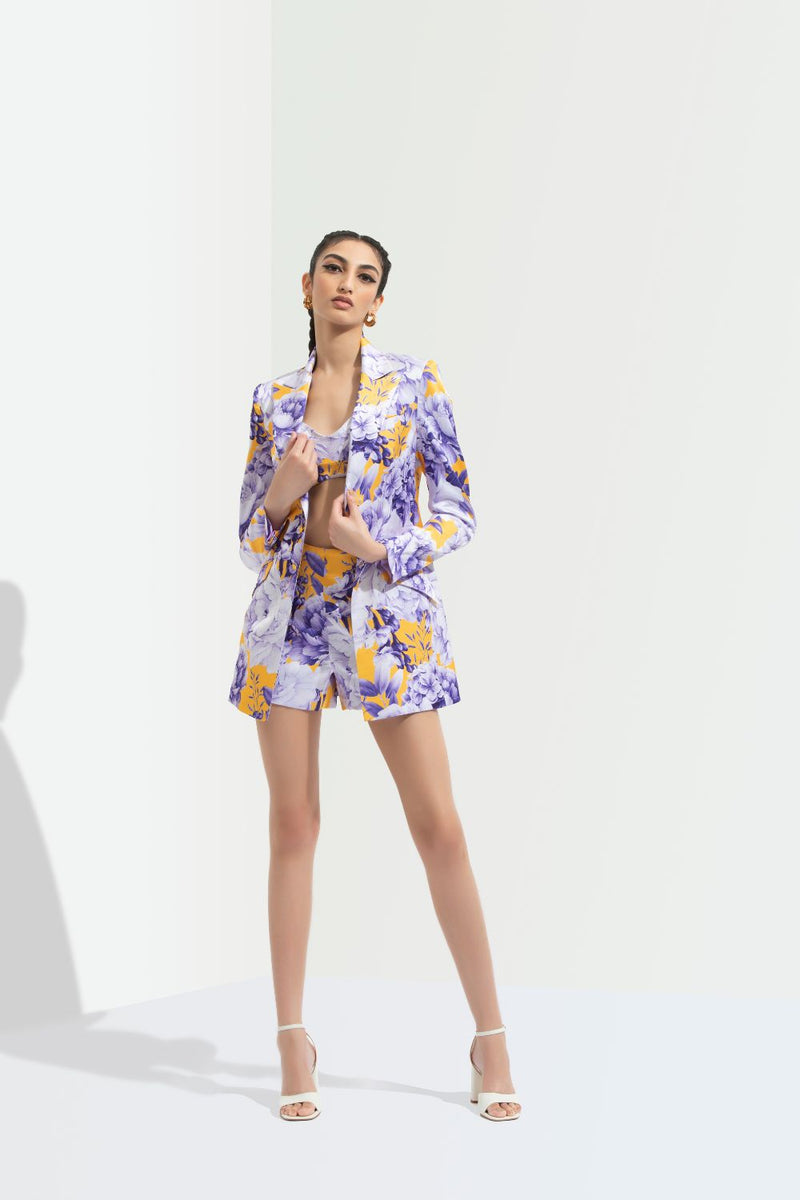 Sumire Printed Jacket Paired With Bustier And Shorts