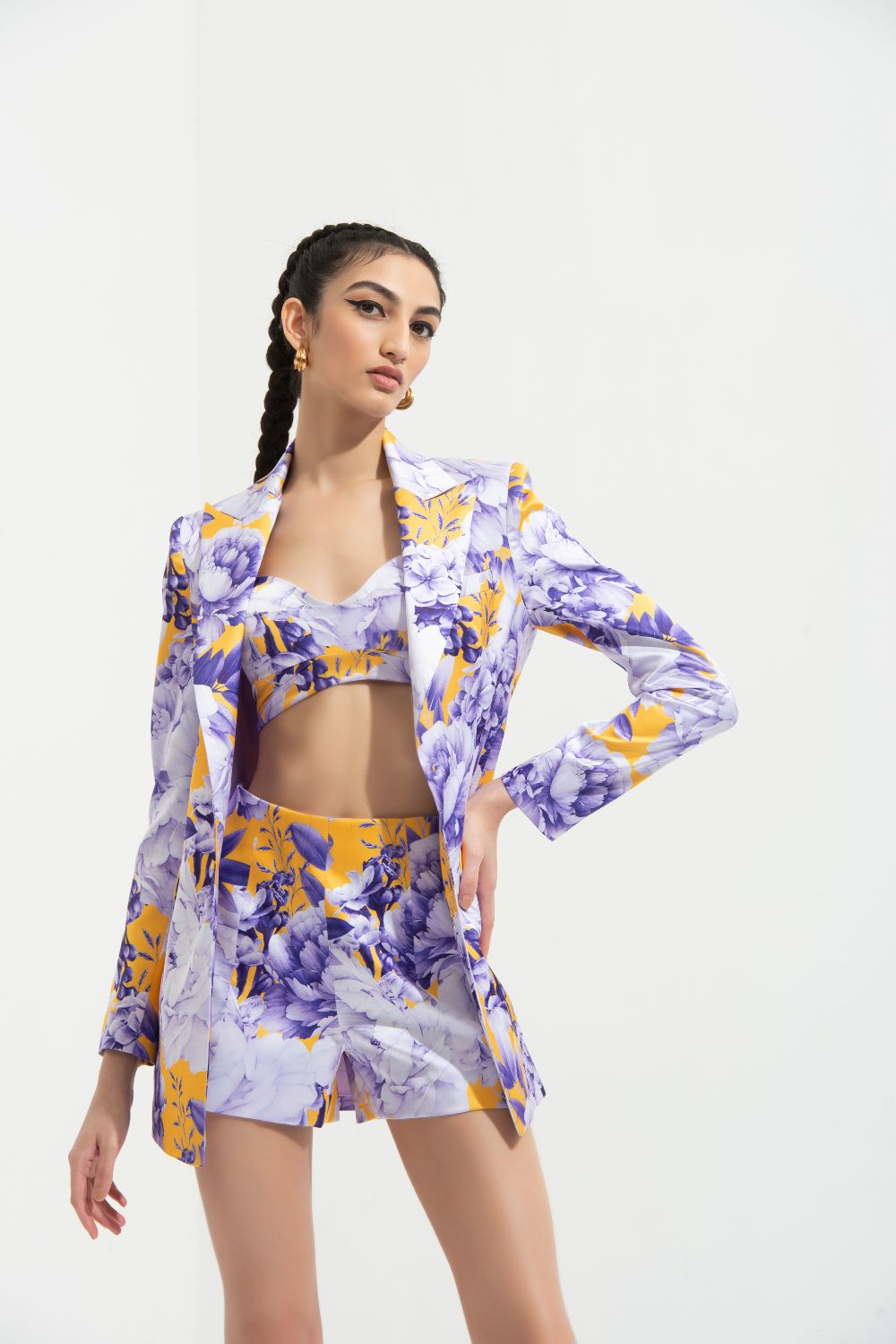 Sumire Printed Jacket Paired With Bustier And Shorts