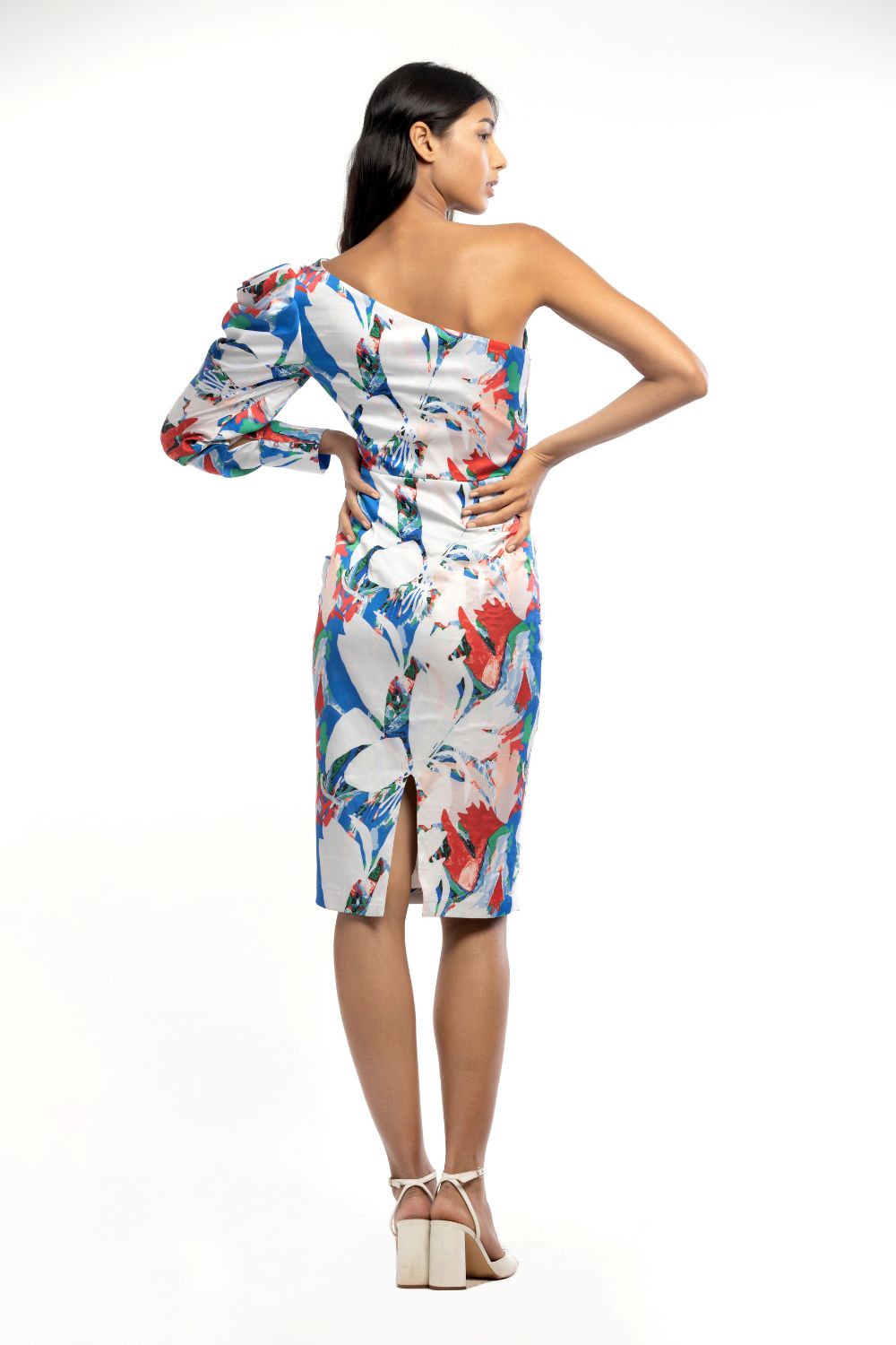 Satin Printed One Shoulder Draped Dress