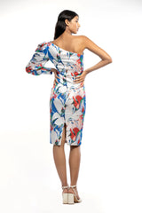Satin Printed One Shoulder Draped Dress