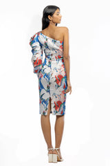 Satin Printed One Shoulder Draped Dress