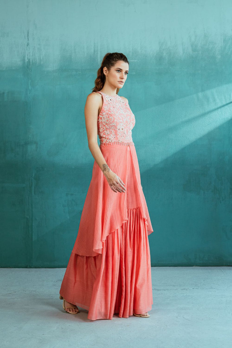Pink Chanderi Enbroidered Kurta With Sharara