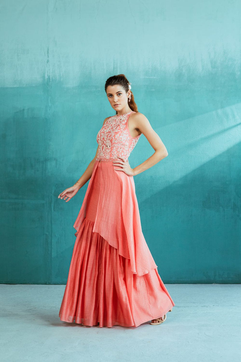 Pink Chanderi Enbroidered Kurta With Sharara