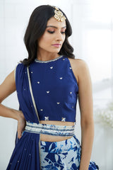 Blue Embroidered Printed Lehenga Set