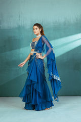 Blue Chiffon Draped Saree Set