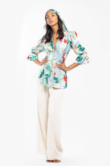 Satin Printed Pleated Top With Ivory Pants