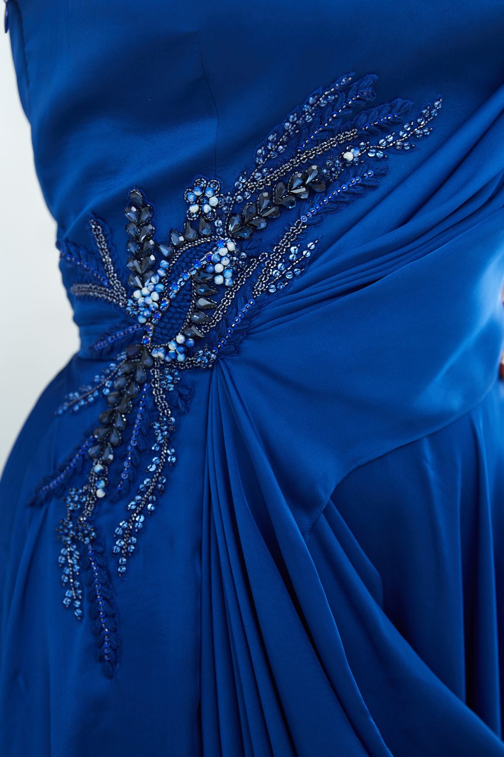 Blue Drape Gown Embellished With Hand Embroidery