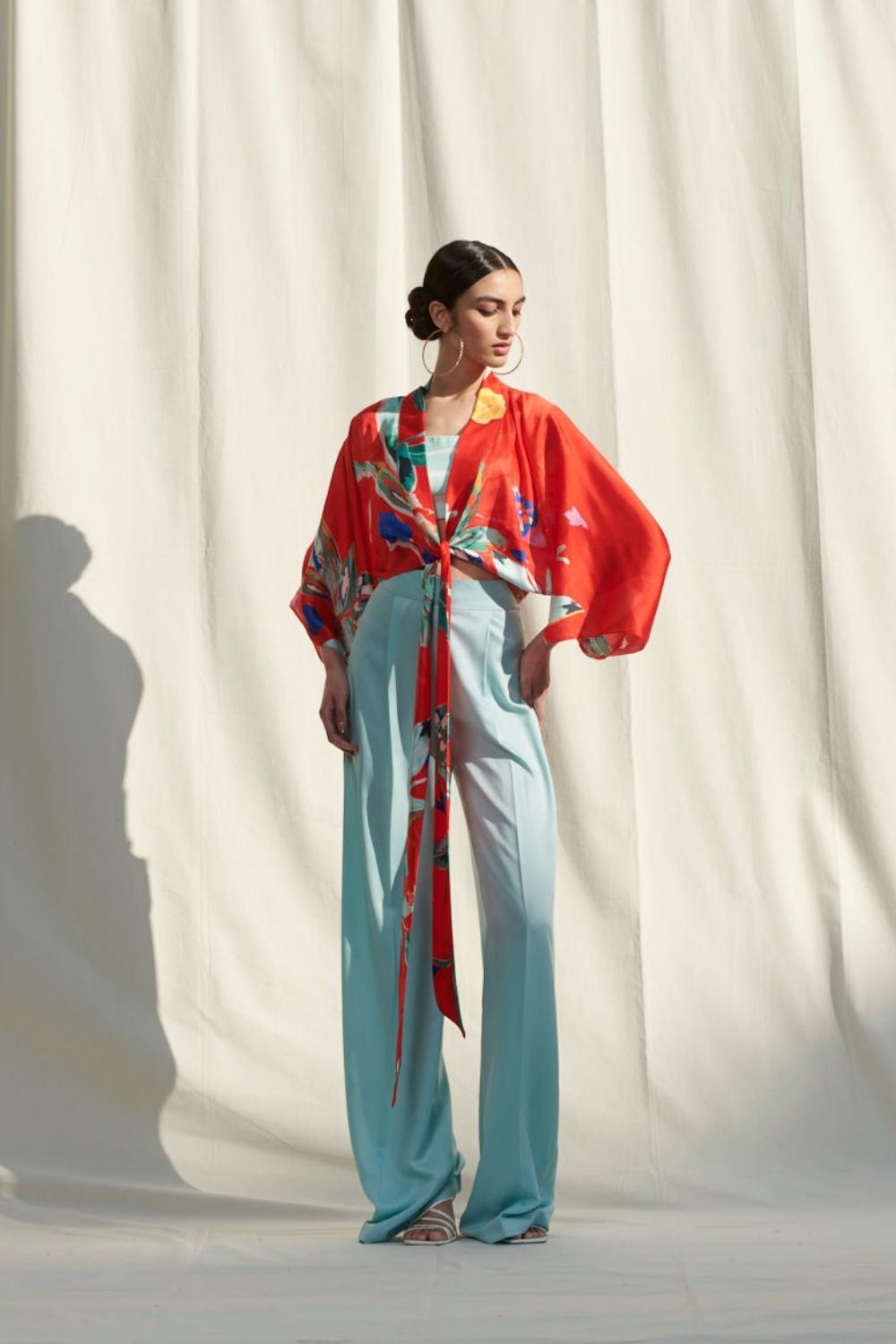 Kaftan Top Paired With A Printed Camisol And A Satin Pants