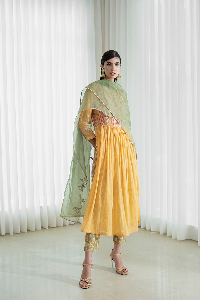 Yoke Kurta With Printed Pants And Dupatta