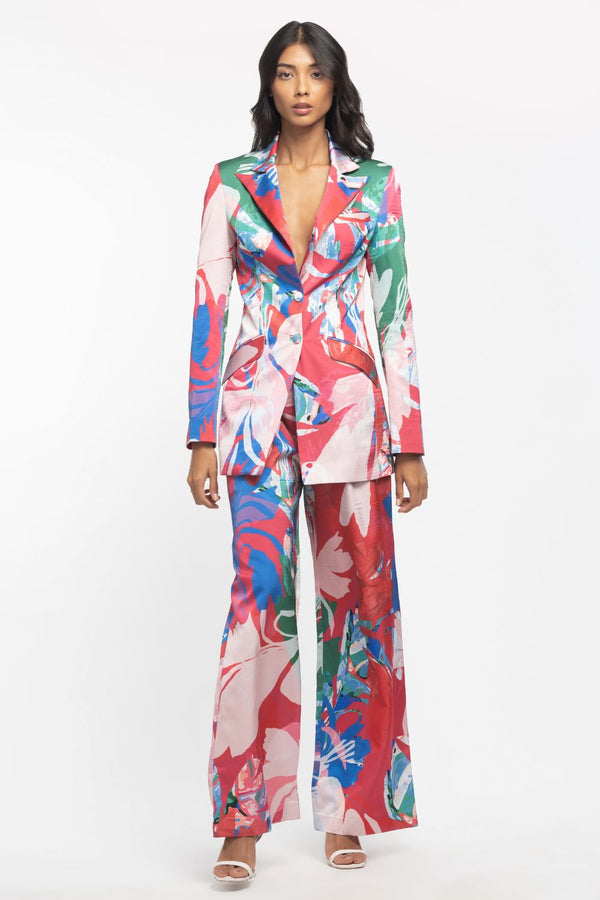 Satin Printed Jacket And Pant Set