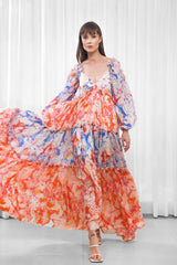 Blue mist-maple leaves tiered dress