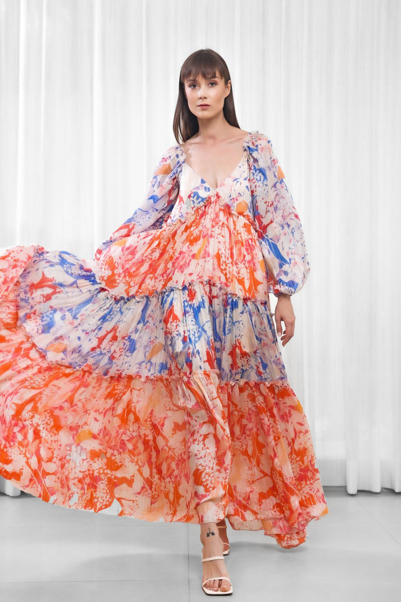 Blue mist-maple leaves tiered dress