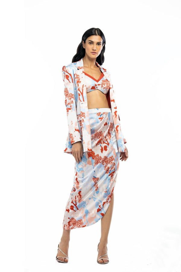 Satin Printed Jacket With Cowled Skirt And Bustier